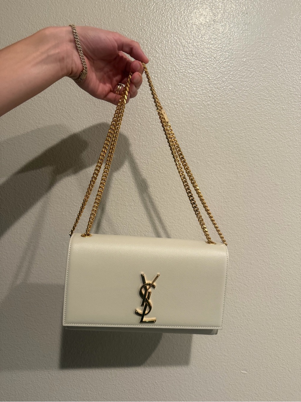 Saint Laurent Ivory Leather Shoulder Bag with Gold Chain
